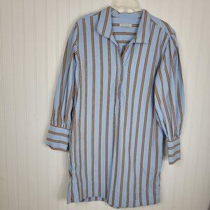 Free Assembly Blue & Brown Shirt Dress, vertical Stripes, pockets, SZ L
